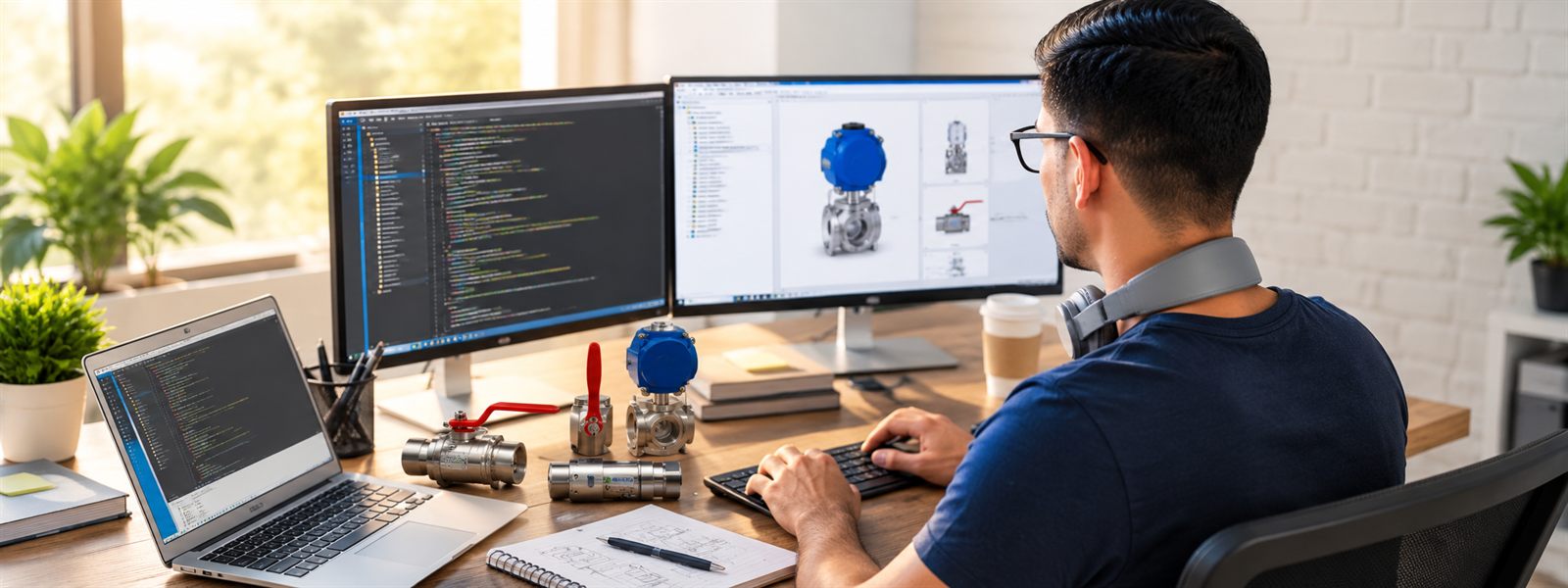 Ingeniero diseñando válvulas en software CAD, con válvulas y equipo de control sobre el escritorio